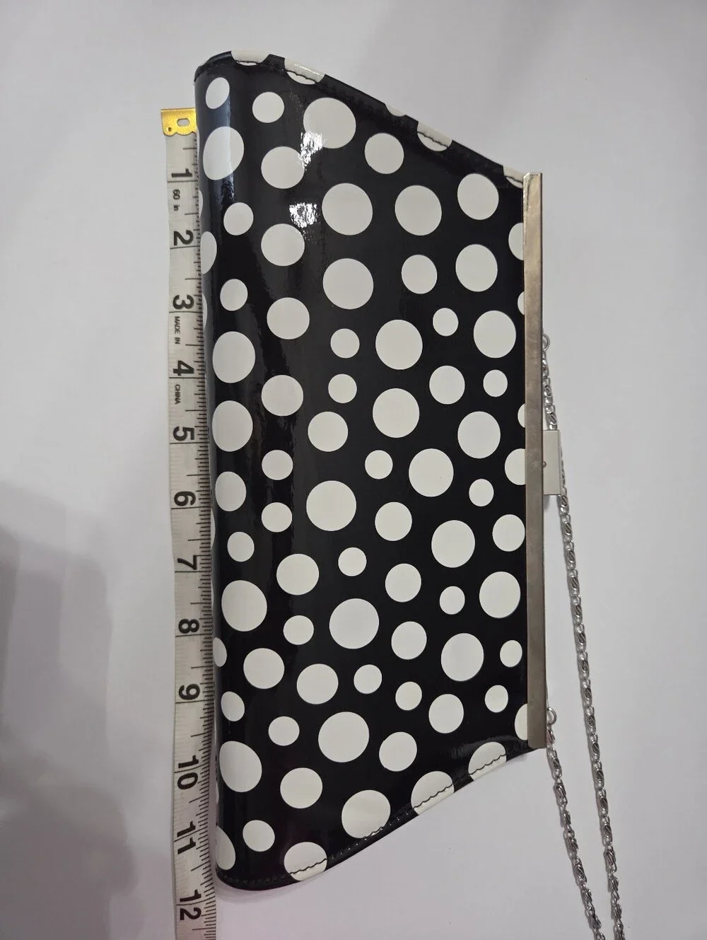 Neiman Marcus Black White Polka Dot Patent Clutch Purse With Chain Strap
